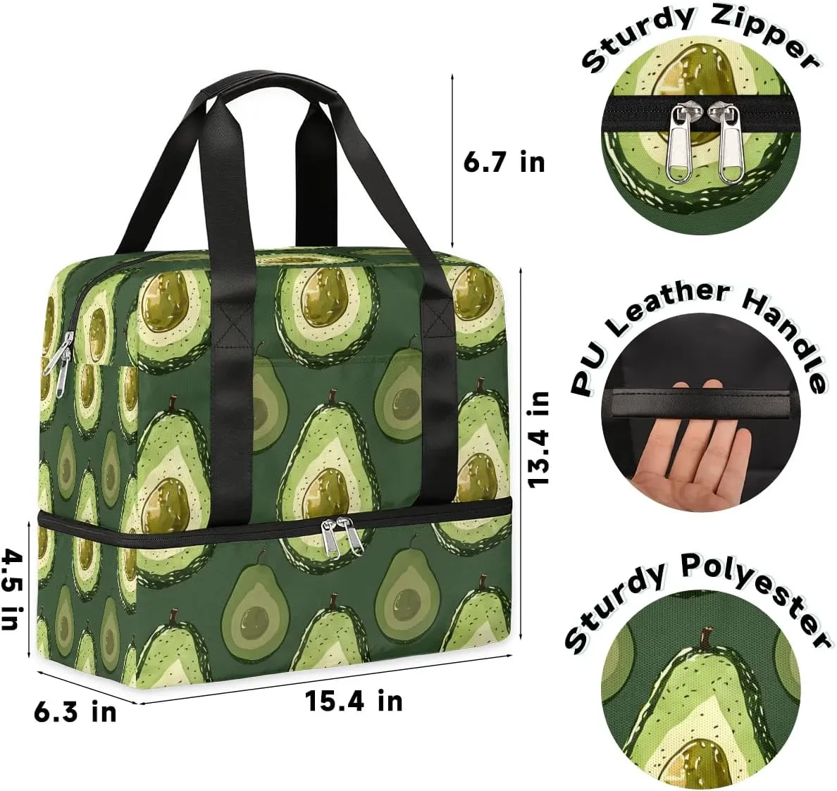 Avocado Print Travel Duffel Bag Dry Wet Separated Sports Tote Travel Duffle Bag Gym Workout Bag Women Travel Duffel Bag for Women, Travel, Gym, Work