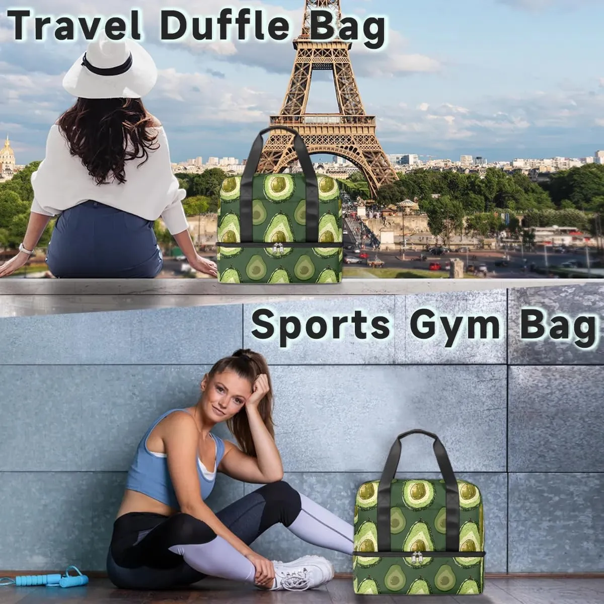 Avocado Print Travel Duffel Bag Dry Wet Separated Sports Tote Travel Duffle Bag Gym Workout Bag Women Travel Duffel Bag for Women, Travel, Gym, Work