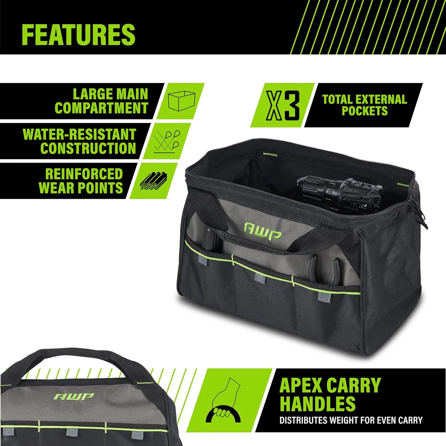AWP Tool Bags, Premium Tool Bag, Black, Durable Tool Tote, for Professionals and Contractors
