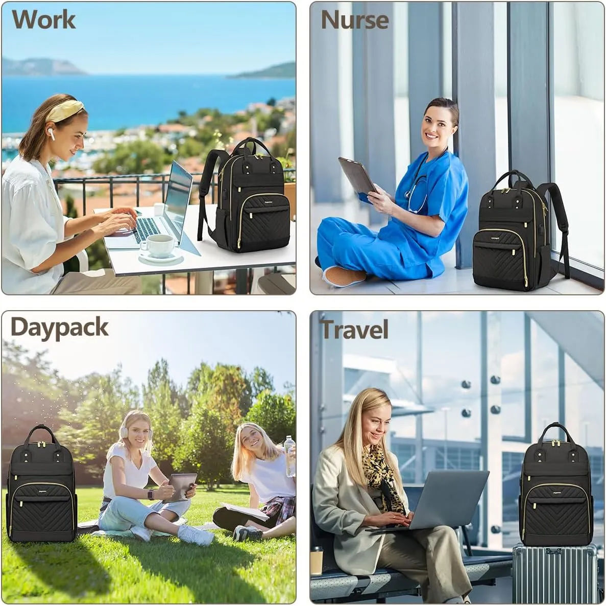 Backpack for Women laptop Bag - Laptop Backpack with USB Charger Travel Business Computer Backpack for Teacher Casual Waterproof Bookbag for Nurses BLACK