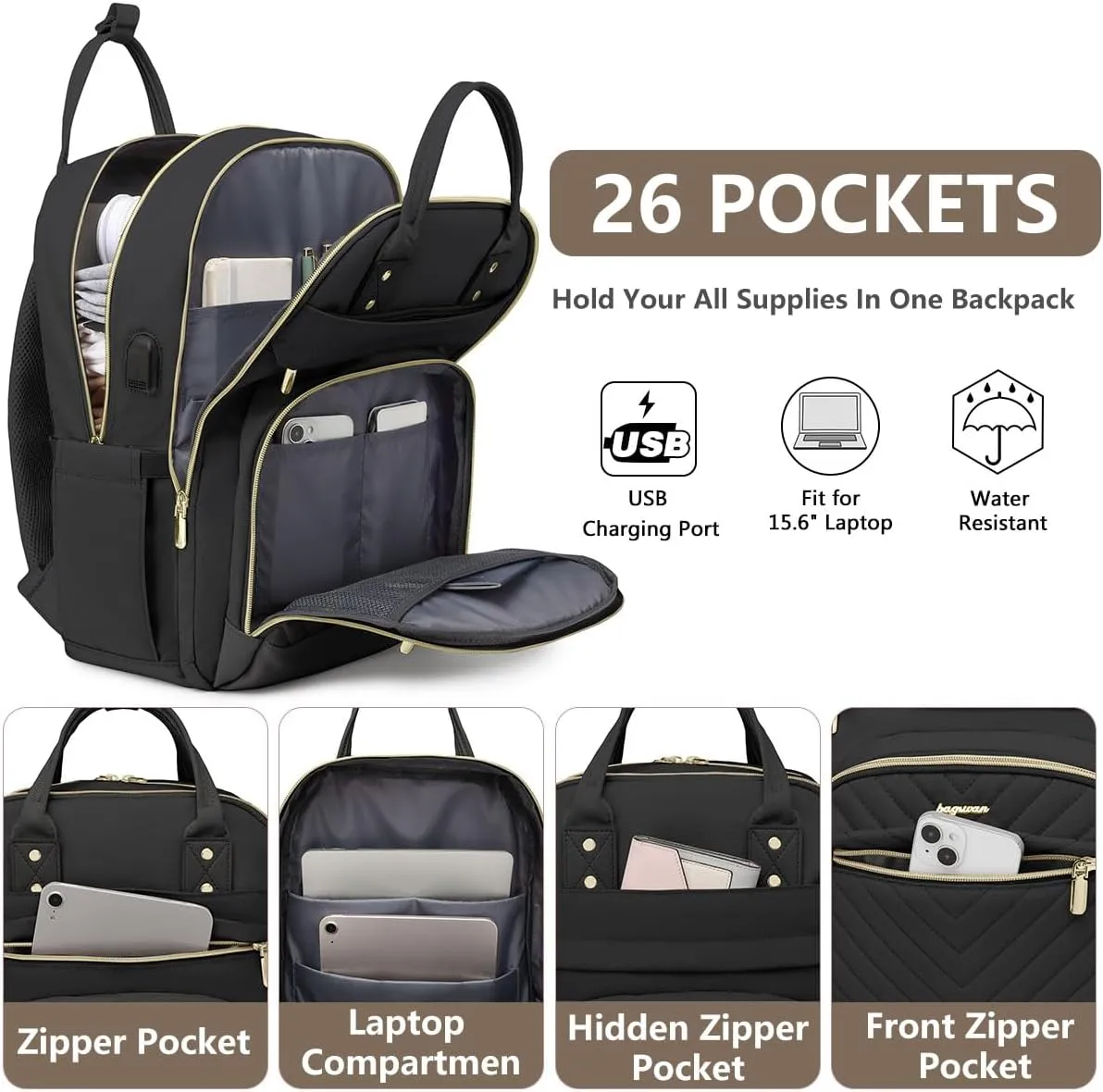 Backpack for Women laptop Bag - Laptop Backpack with USB Charger Travel Business Computer Backpack for Teacher Casual Waterproof Bookbag for Nurses BLACK