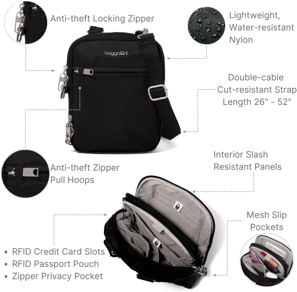 Baggallini Securtex® Anti-theft Mini Everything Crossbody Bag, 6.3"x8.25" Rfid, Locking Zippers & Cut-resistant Strap