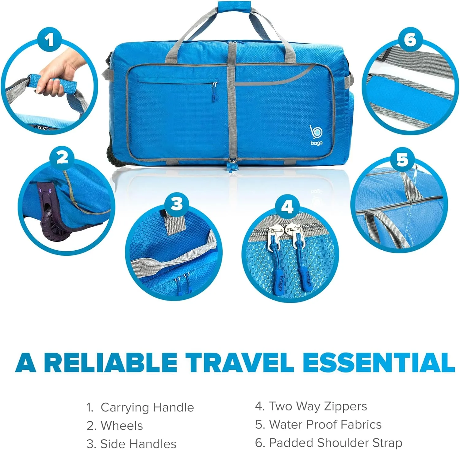 Bago Rolling Duffle Bag with Wheels - 30" 100L Foldable Weekender Bag, Waterproof Travel Duffel Bag, Heavy Duty lightWeight Duffle Bag for Traveling, Rolling Duffel Bag with Wheels (Blue0023)