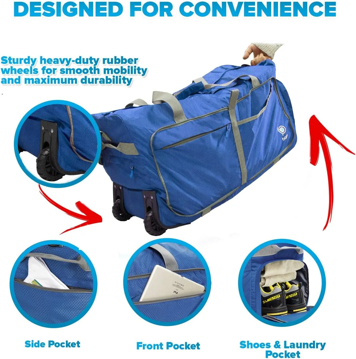 Bago Rolling Duffle Bag with Wheels - 30" 100L Foldable Weekender Bag, Waterproof Travel Duffel Bag, Heavy Duty lightWeight Duffle Bag for Traveling, Rolling Duffel Bag with Wheels (Blue0023)
