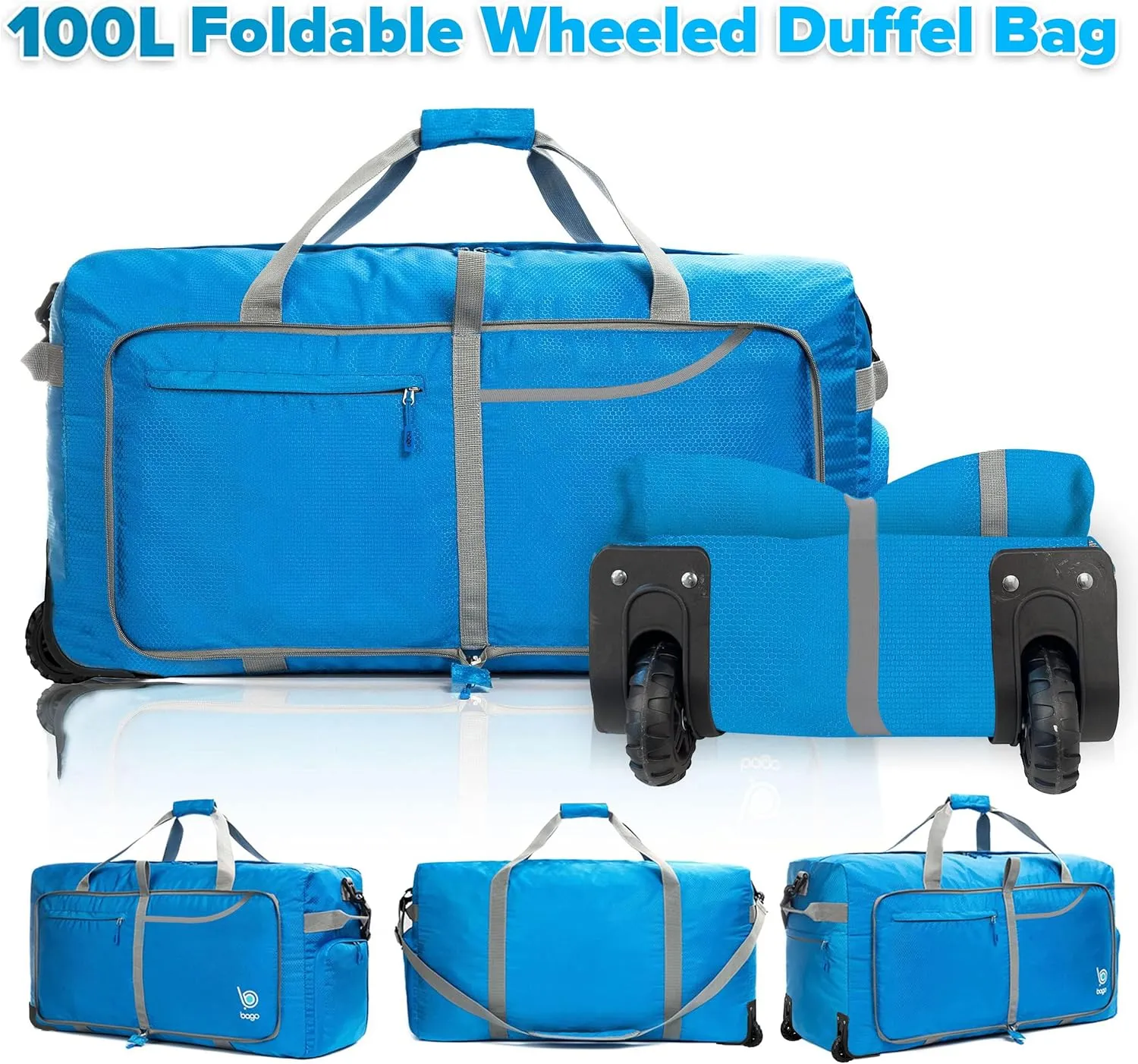 Bago Rolling Duffle Bag with Wheels - 30" 100L Foldable Weekender Bag, Waterproof Travel Duffel Bag, Heavy Duty lightWeight Duffle Bag for Traveling, Rolling Duffel Bag with Wheels (Blue0023)