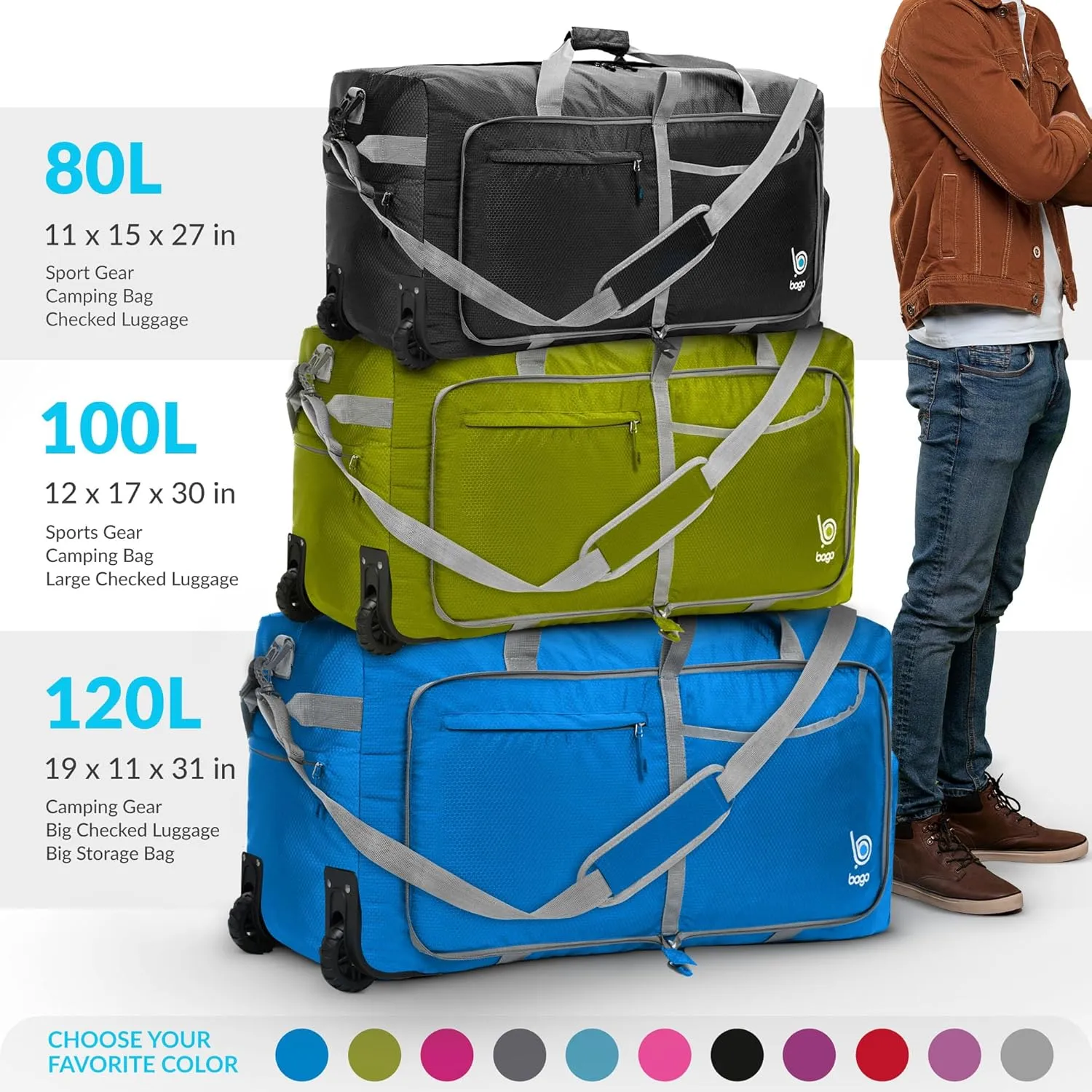 Bago Rolling Duffle Bag with Wheels - 30" 100L Foldable Weekender Bag, Waterproof Travel Duffel Bag, Heavy Duty lightWeight Duffle Bag for Traveling, Rolling Duffel Bag with Wheels (Blue0023)