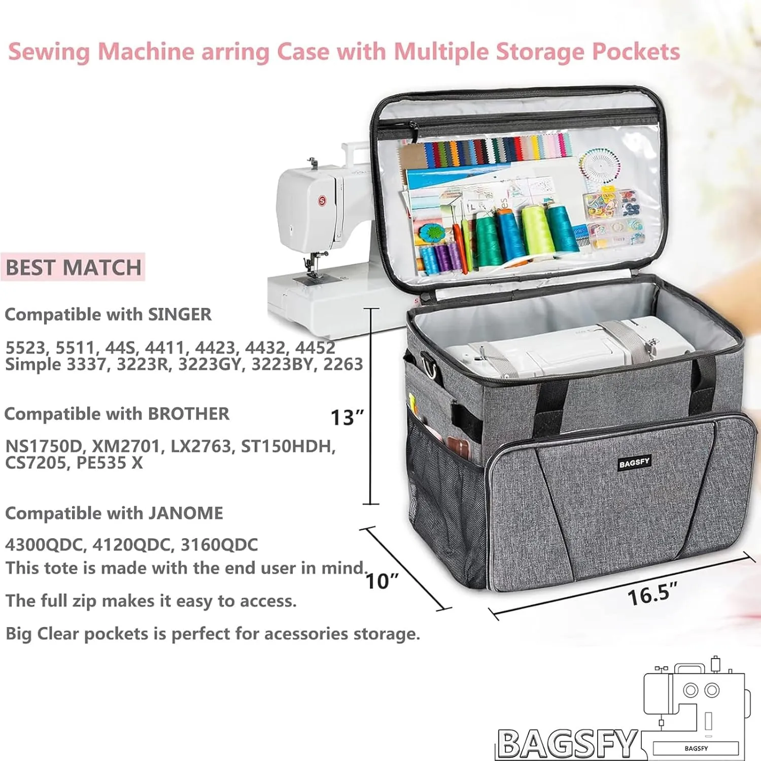 BAGSFY Large Sewing Machine Carrying Case, Sewing Machine Bag, Travel Tote Bag Compatible with Brother, Singer, Bernina & Standard Size Sewing Machines.