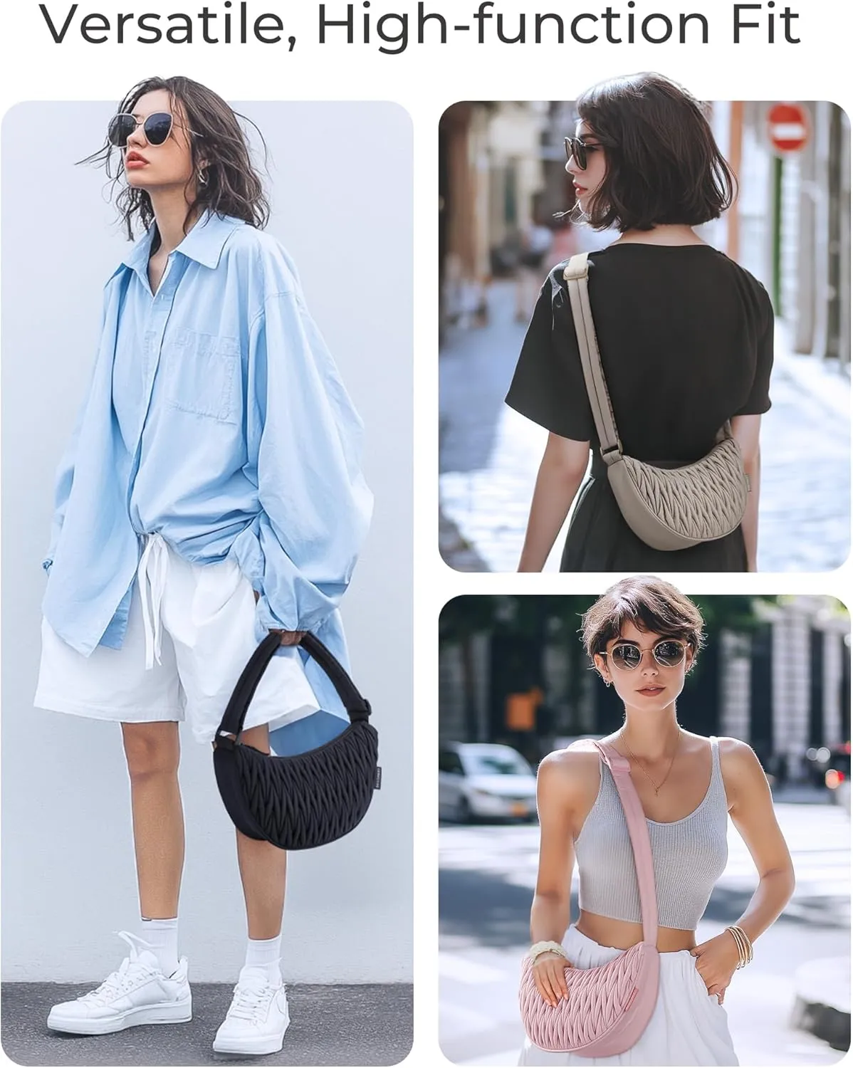 BAGSMART Nylon Crossbody Bags for Women, Quilted Crossbody Purses Crescent Shoulder Bag Hobo Handbags with Adjustable Strap