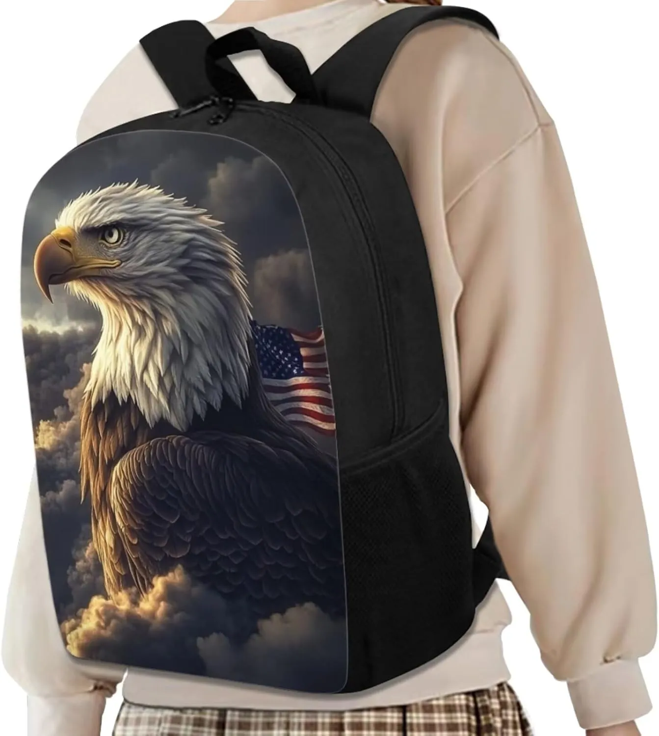 Bald Eagle Backpack and Lunch Box for Kids Boys Preschool School Bag Large Capacity American Flag Bookbag Set Lightweight Travel Daypack Set Back to School Stuff for Students