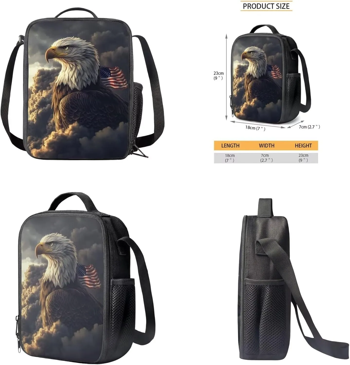 Bald Eagle Backpack and Lunch Box for Kids Boys Preschool School Bag Large Capacity American Flag Bookbag Set Lightweight Travel Daypack Set Back to School Stuff for Students