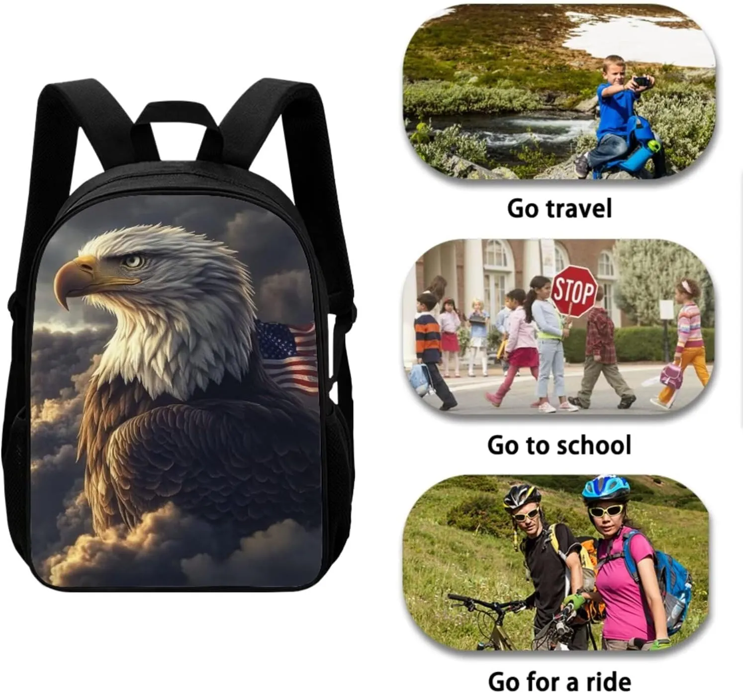 Bald Eagle Backpack and Lunch Box for Kids Boys Preschool School Bag Large Capacity American Flag Bookbag Set Lightweight Travel Daypack Set Back to School Stuff for Students