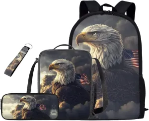 Bald Eagle Backpack and Lunch Box for Kids Boys Preschool School Bag Large Capacity American Flag Bookbag Set Lightweight Travel Daypack Set Back to School Stuff for Students