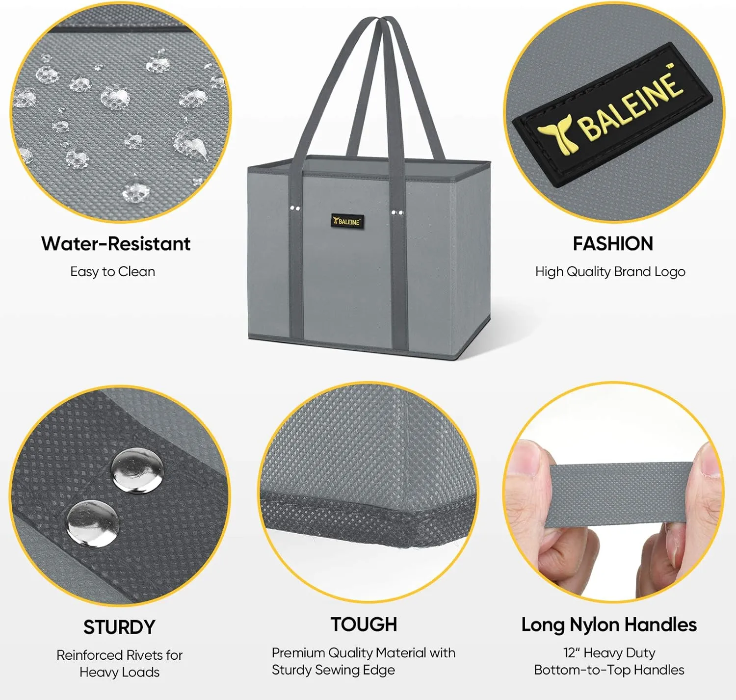 BALEINE 3Pk Reusable Grocery Bags, Foldable Shopping Bags for Groceries with Reinforced Bottom & Handles (Gray)