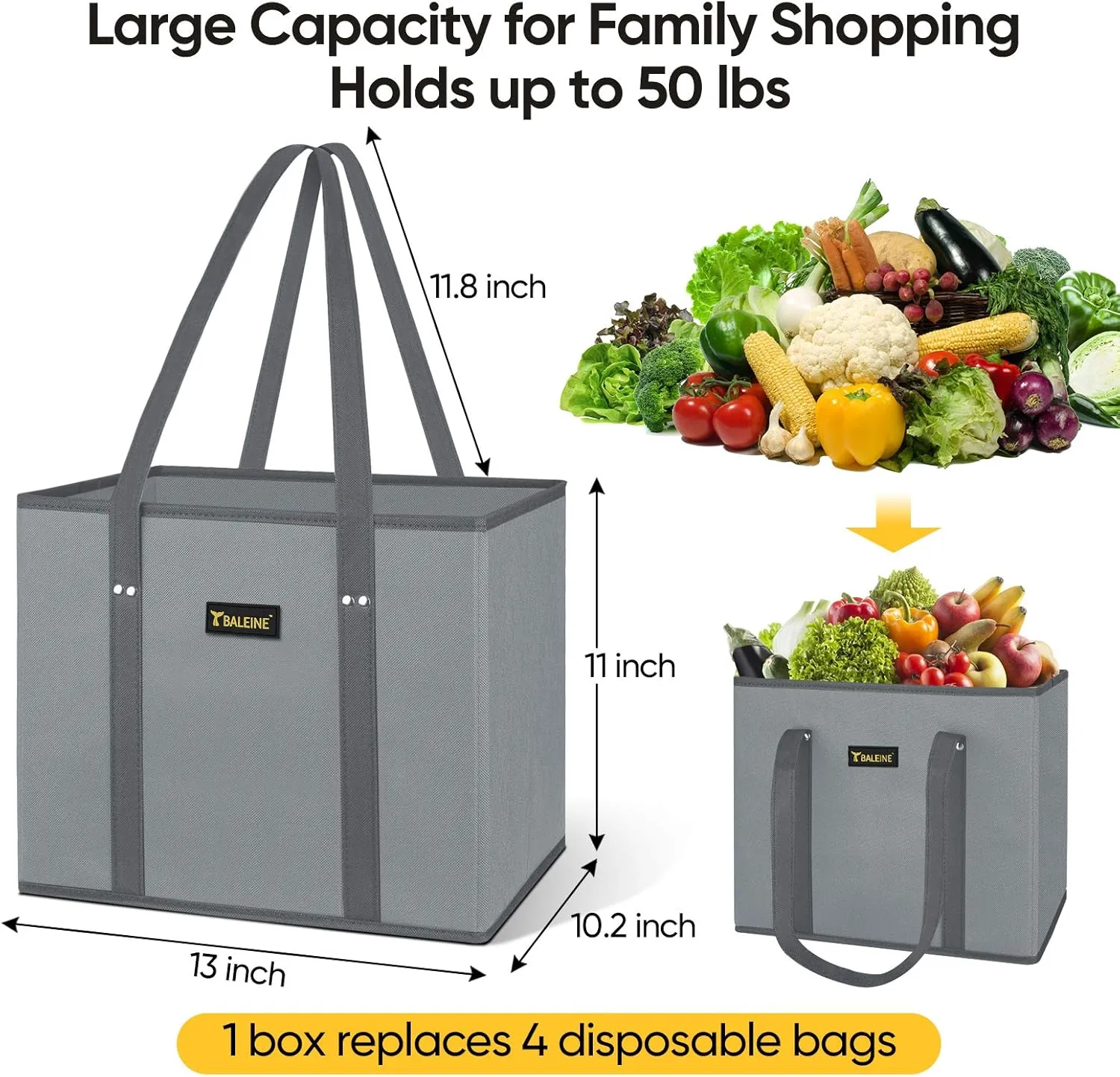 BALEINE 3Pk Reusable Grocery Bags, Foldable Shopping Bags for Groceries with Reinforced Bottom & Handles (Gray)