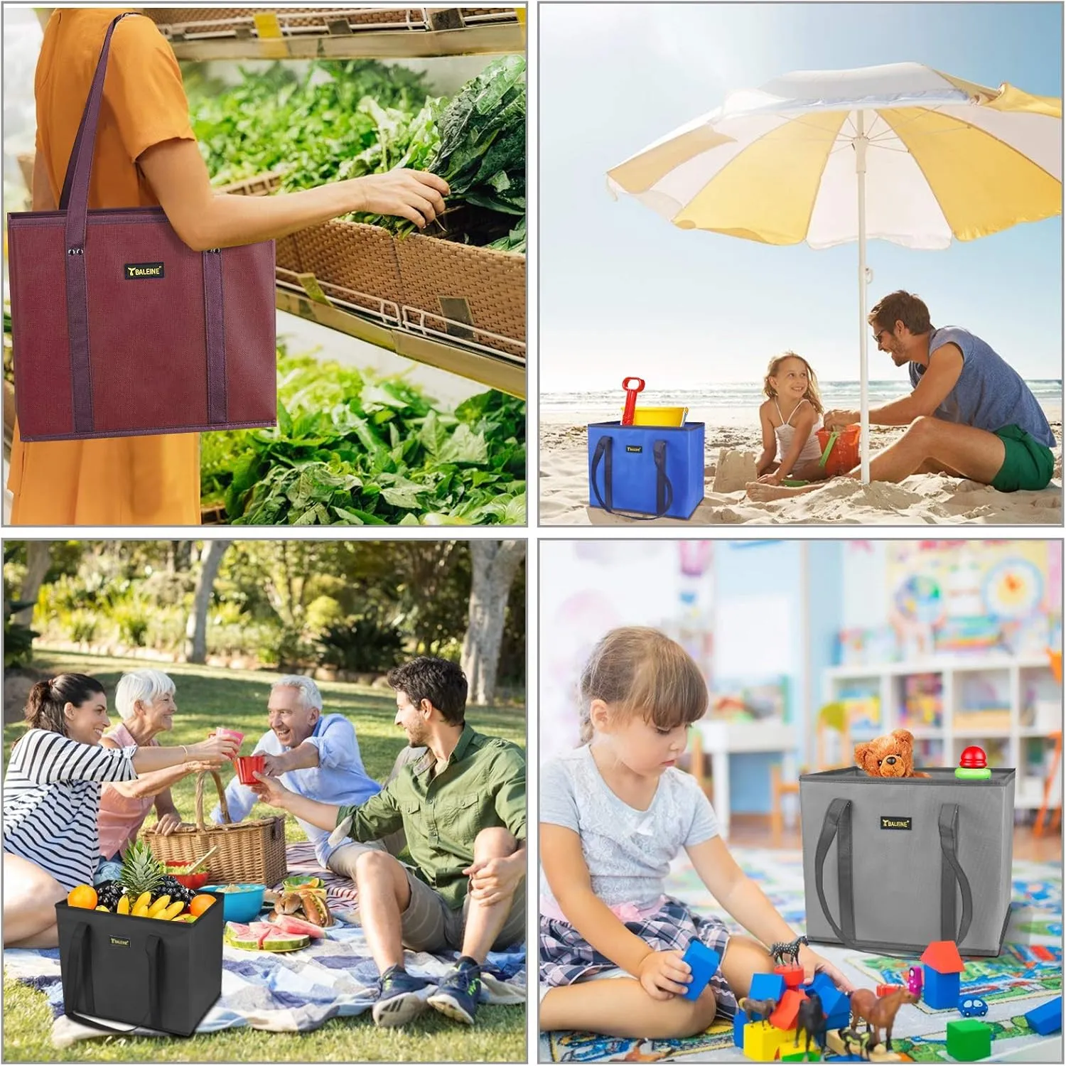 BALEINE 3Pk Reusable Grocery Bags, Foldable Shopping Bags for Groceries with Reinforced Bottom & Handles (Gray)