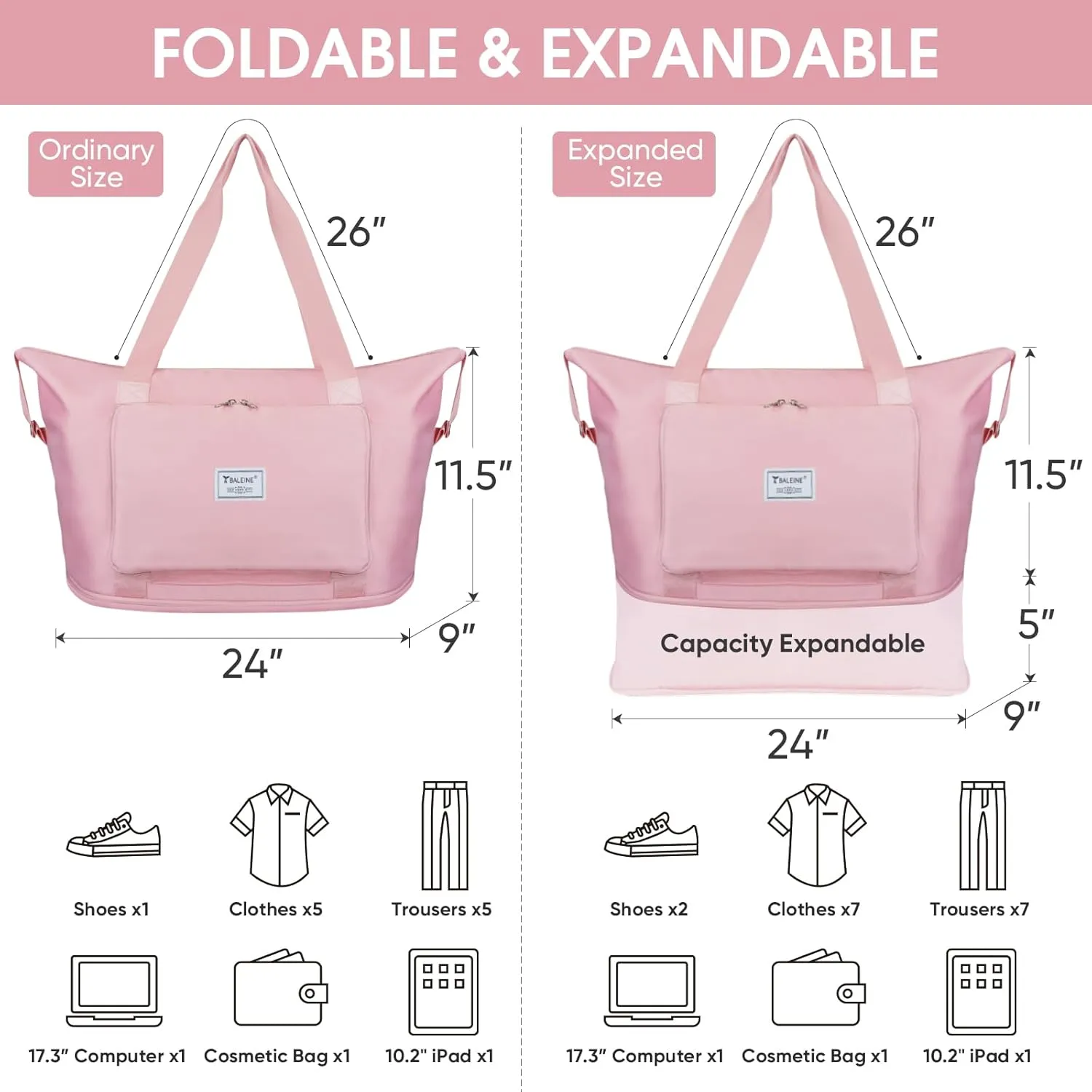 BALEINE Travel Tote Bag for Women, Weekender Carry-on Tote, Large Duffel Bag Gym Bag Overnight Bag with Wet Compartment