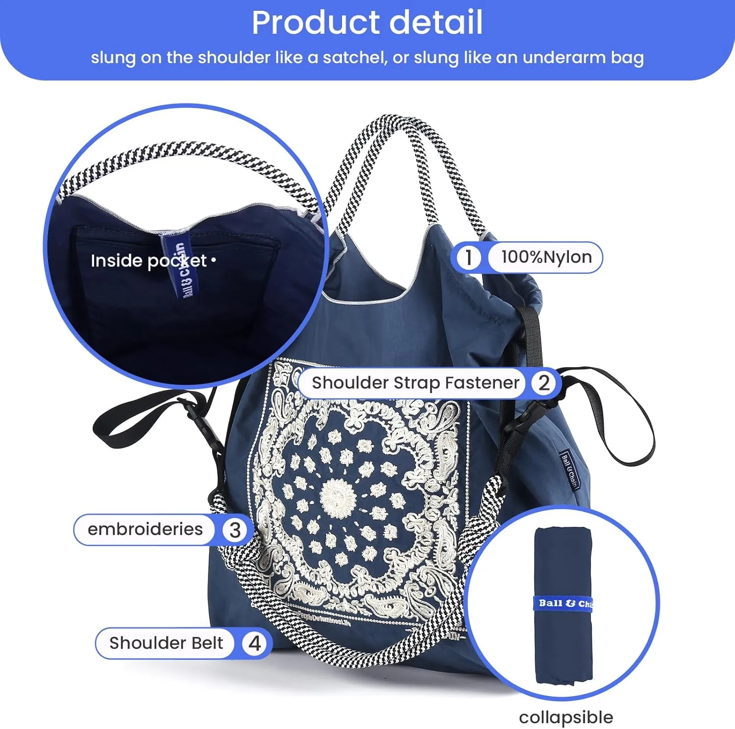 Ball&Chain Summer Embroidery Beach Tote Bag - Stylish, Spacious, and Perfect for Women,Mom, Friends Great Gift.
