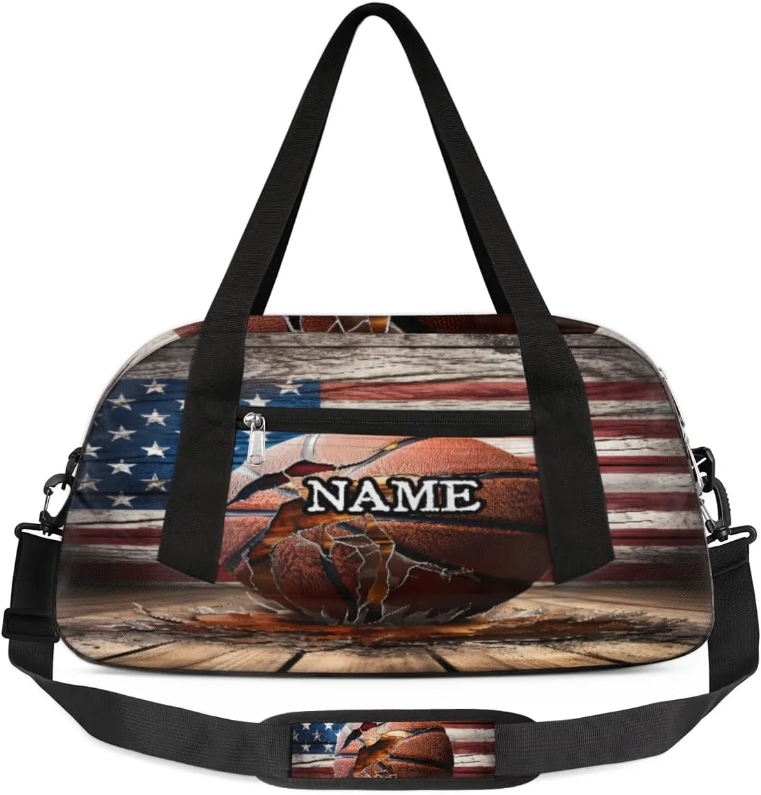 Basketball American Flag Wooden Board Personalized Kids Duffel Bag Custom Gym Sports Duffle Bag Teen Travel Gymnastic Weekender Overnighter Bag Carry on Toe Bag for Boys & Girls