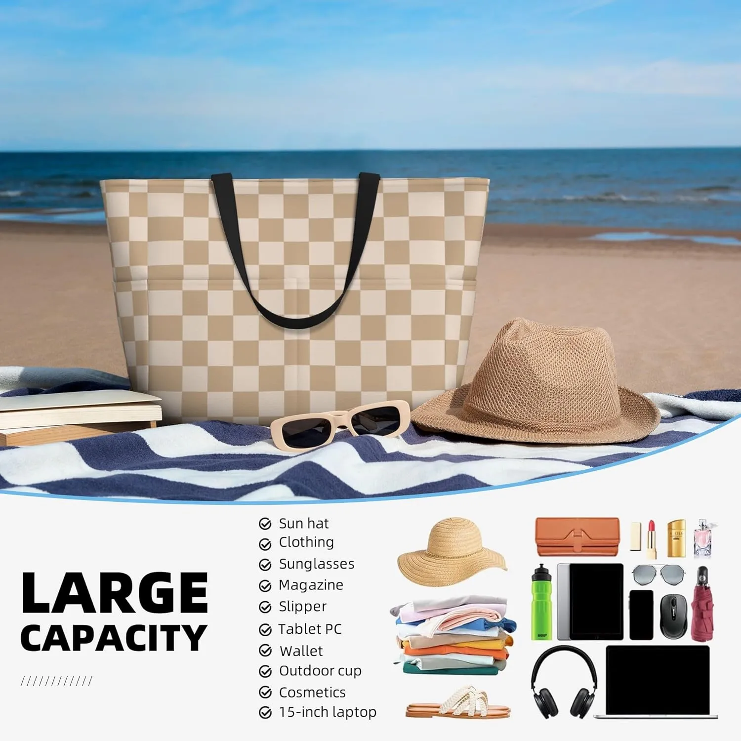 Beach Bag for Women Ladies, Extra Large Waterproof Gym Pool Swim Zipper Tote Bag for Weekender Travel