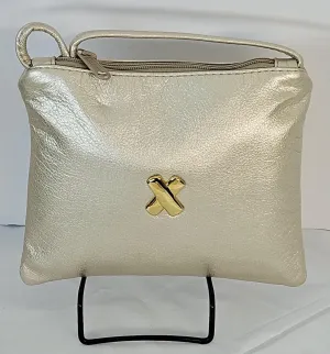 Beige metallic with gold matel X,Crossbody Handbag#TR3302Beigemg-X,Purses for girls, Genuine Leather. Made in USA