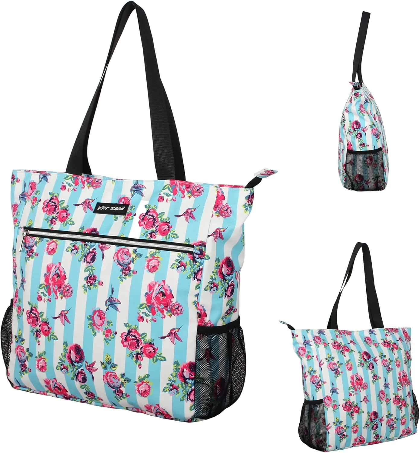 Betsey Johnson 15.6 Inch Zipper Beach Tote Bag Lightweight Large Durable Polyester with Mesh Side Pockets for Gym Work