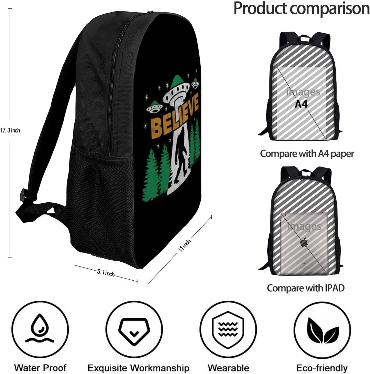 Bigfoot Believe with UFO and Aliens Art Backpack,Lightweight School College Bookbag Casual Student Travel Laptop Daypack - 17inch