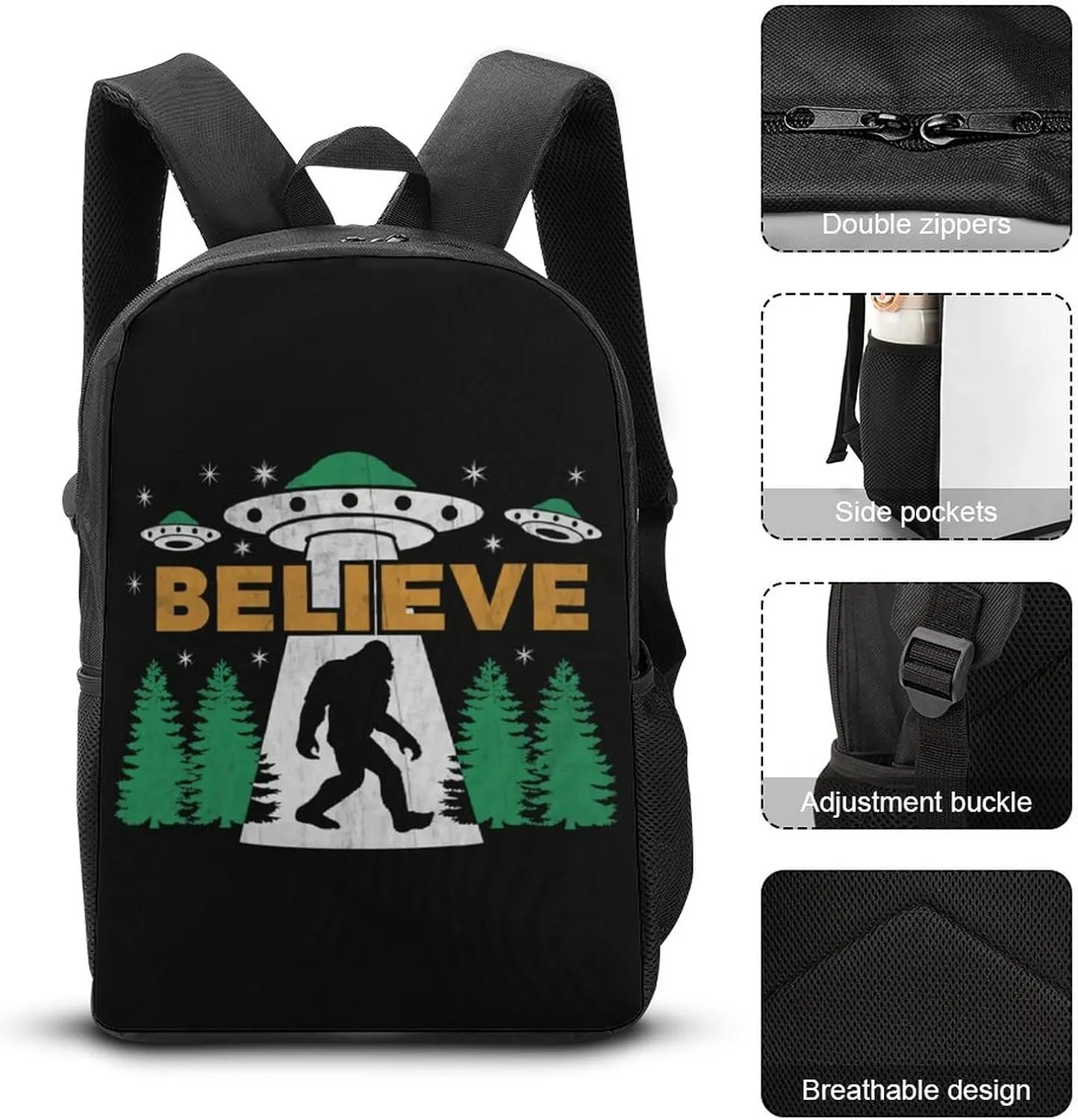 Bigfoot Believe with UFO and Aliens Art Backpack,Lightweight School College Bookbag Casual Student Travel Laptop Daypack - 17inch