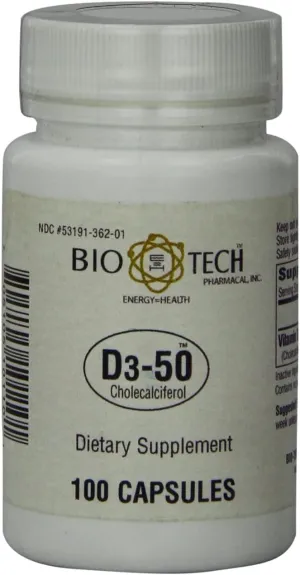 Bio-Tech Pharmacal D3-50 50,000 IU, 100 Capsules Ð All-Natural Supplement Ð Supports Bone, Heart Neuromuscular, & Immune Health Ð No Dairy, Fish, Gluten, Peanut, Shellfish, & Soy