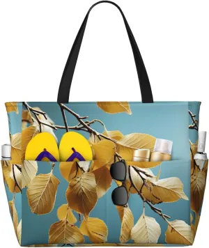 Birch Leaves Beach Bags For Women Large Waterproof Sandproof Beach Tote Bag Pool Bag Lightweight Zipper Carry On Bag For Gym Travel Vocation