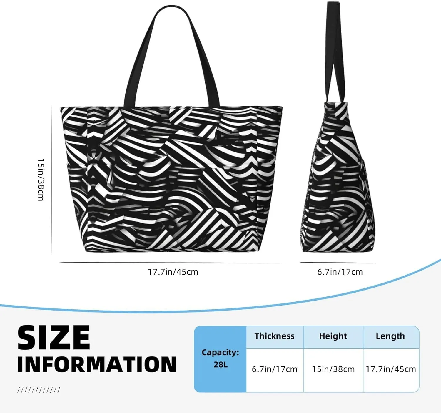 Black And White Lines Spacious Large Capacity Beach Travel Bag - Foldable Beach Bag Tote Bag With Zipper
