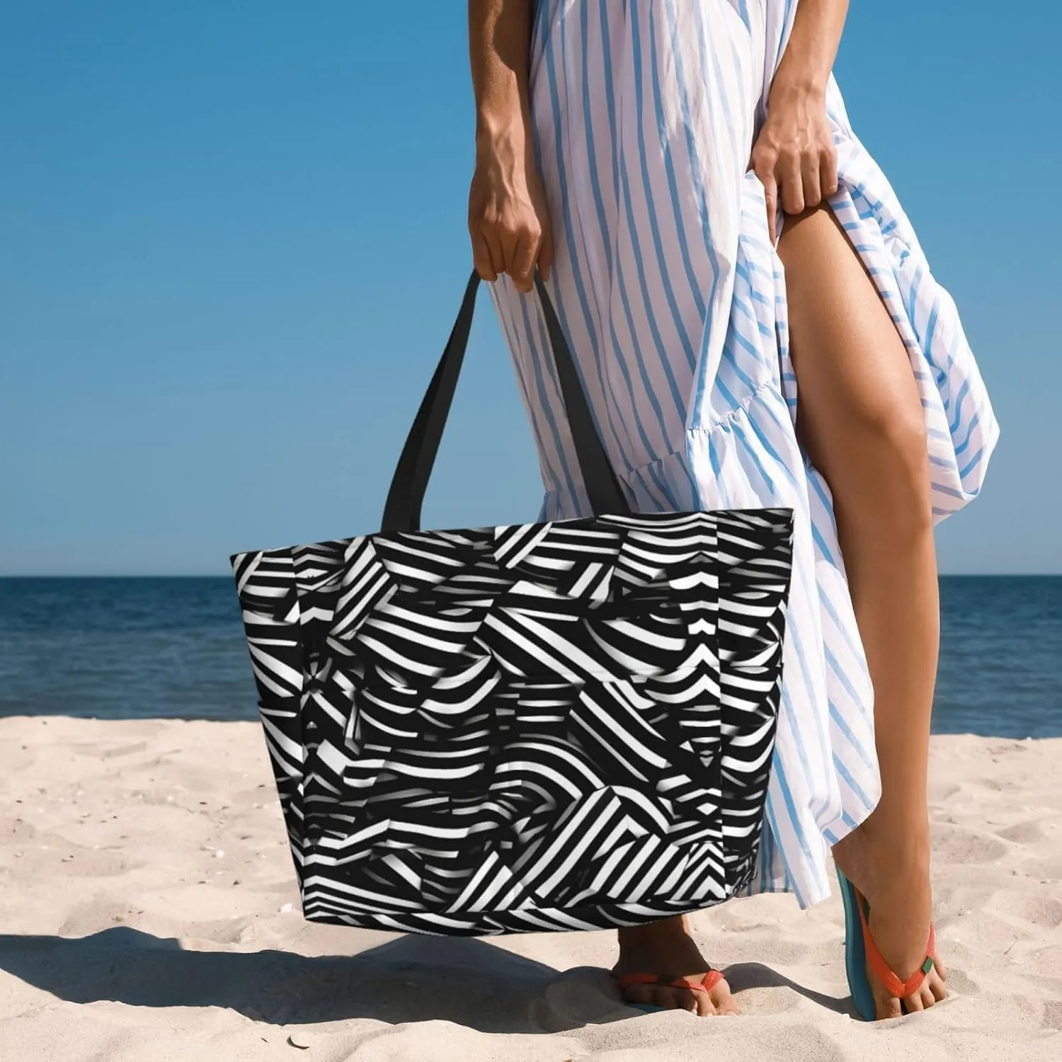 Black And White Lines Spacious Large Capacity Beach Travel Bag - Foldable Beach Bag Tote Bag With Zipper