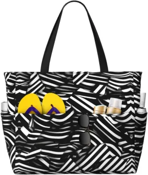 Black And White Lines Spacious Large Capacity Beach Travel Bag - Foldable Beach Bag Tote Bag With Zipper