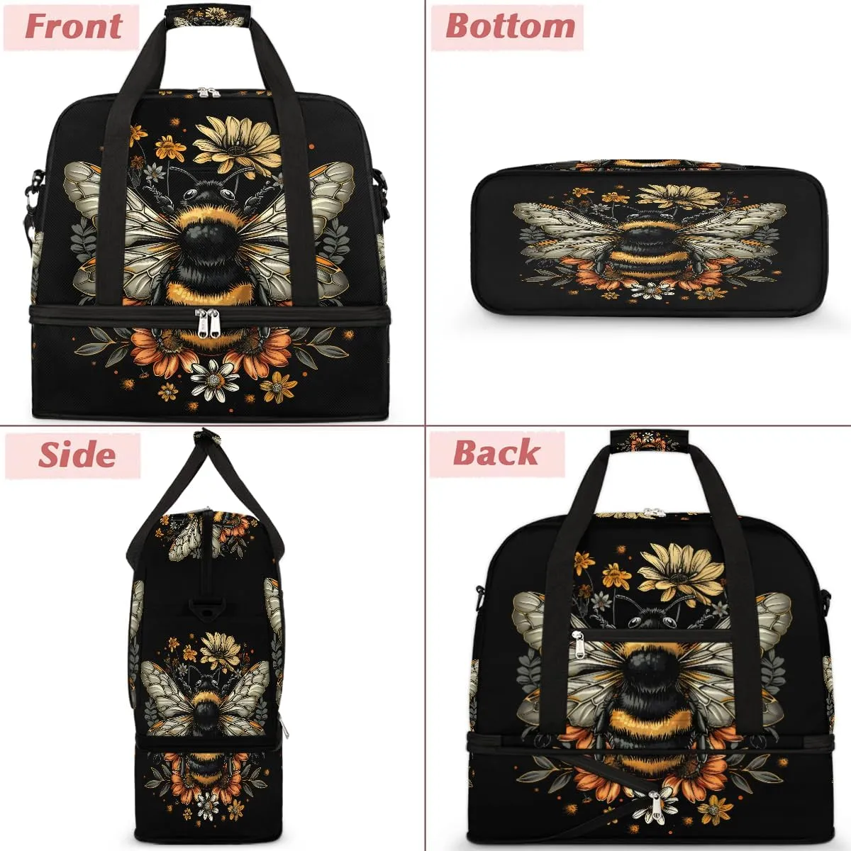 Black Bee Animal Large Weekender Overnight Bags Travel Duffel Bag for Women Men Gym Bag With Shoe Compartment Foldie Travel Tote Bag Carry On Personal Item Bag for Travel Gym Sports