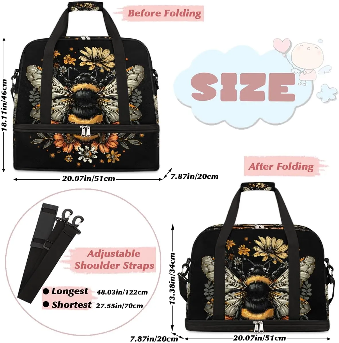 Black Bee Animal Large Weekender Overnight Bags Travel Duffel Bag for Women Men Gym Bag With Shoe Compartment Foldie Travel Tote Bag Carry On Personal Item Bag for Travel Gym Sports