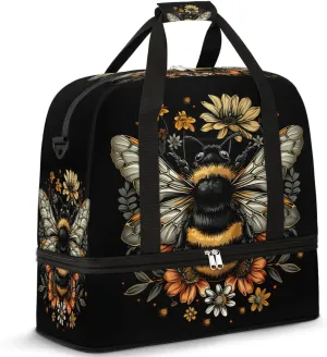 Black Bee Animal Large Weekender Overnight Bags Travel Duffel Bag for Women Men Gym Bag With Shoe Compartment Foldie Travel Tote Bag Carry On Personal Item Bag for Travel Gym Sports