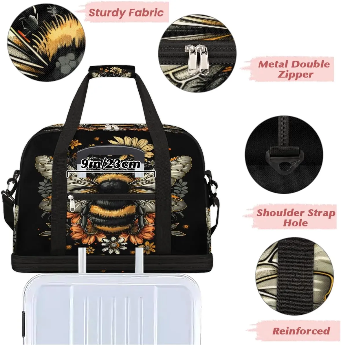 Black Bee Animal Large Weekender Overnight Bags Travel Duffel Bag for Women Men Gym Bag With Shoe Compartment Foldie Travel Tote Bag Carry On Personal Item Bag for Travel Gym Sports