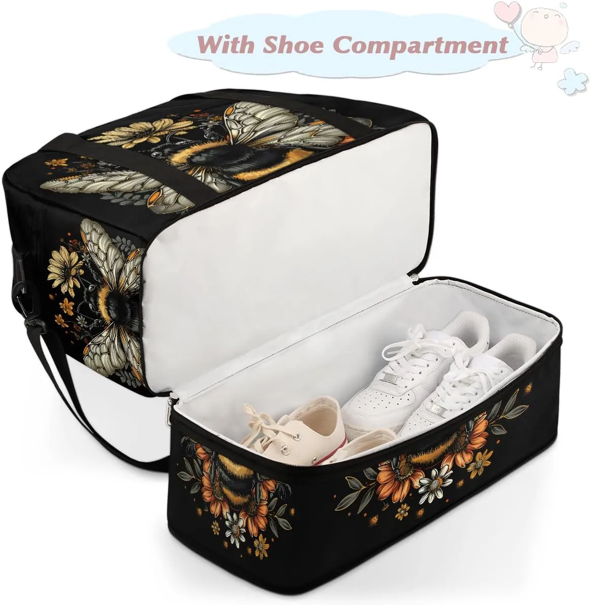 Black Bee Animal Large Weekender Overnight Bags Travel Duffel Bag for Women Men Gym Bag With Shoe Compartment Foldie Travel Tote Bag Carry On Personal Item Bag for Travel Gym Sports