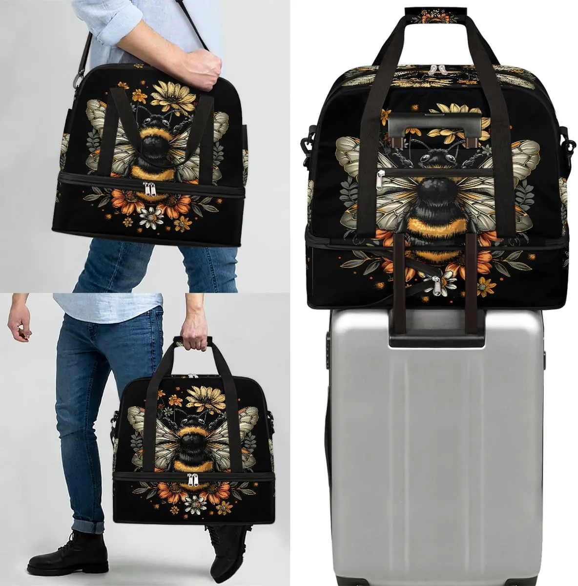 Black Bee Animal Large Weekender Overnight Bags Travel Duffel Bag for Women Men Gym Bag With Shoe Compartment Foldie Travel Tote Bag Carry On Personal Item Bag for Travel Gym Sports