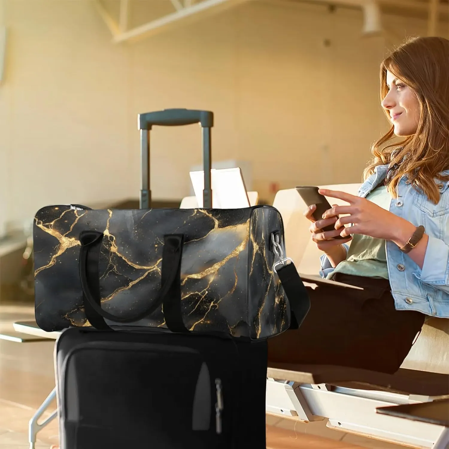 Black Duffle Bag for Travel, Overnight Weekend Gym Carry On Luggage Bag, Marble Travel Duffel Bag for Men Women