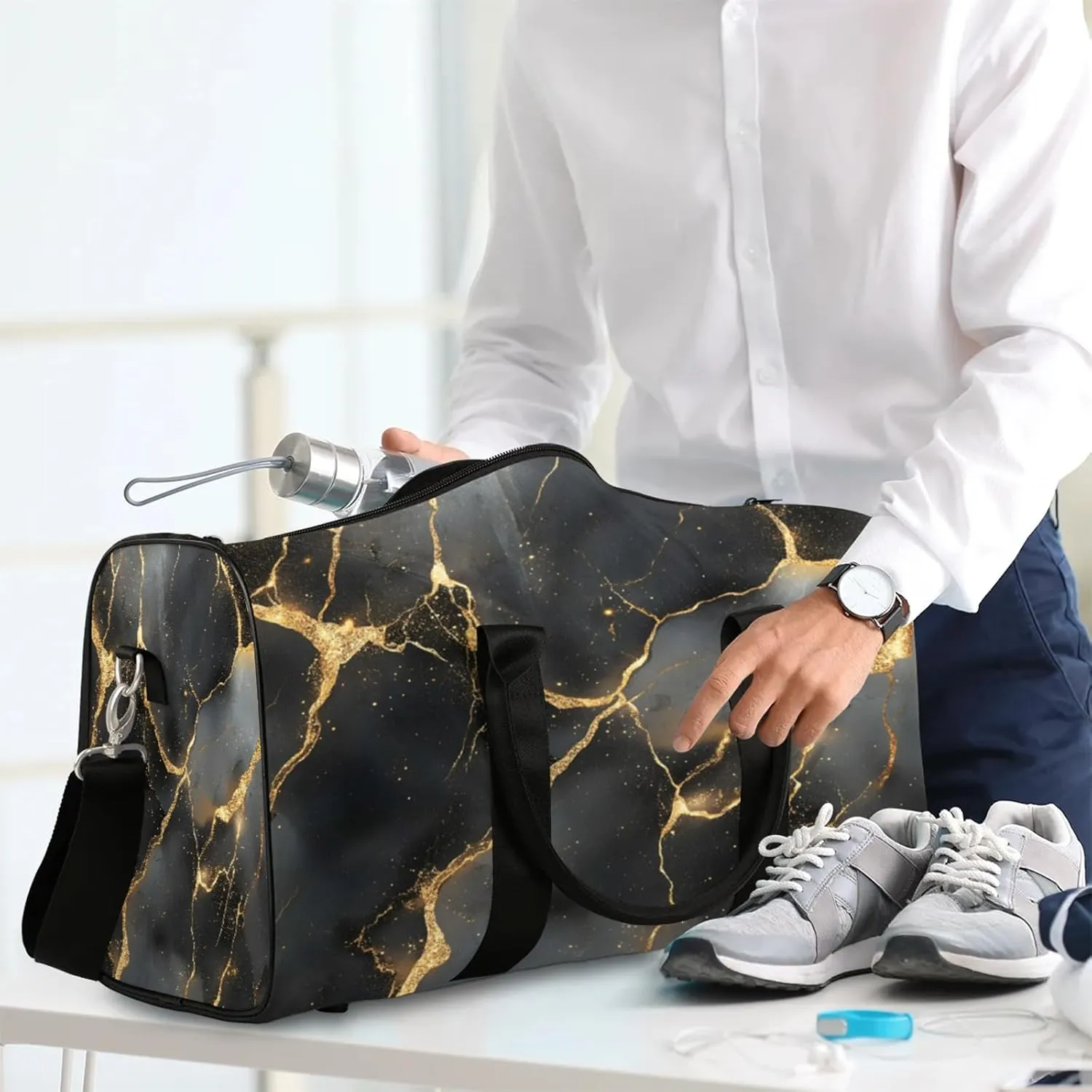 Black Duffle Bag for Travel, Overnight Weekend Gym Carry On Luggage Bag, Marble Travel Duffel Bag for Men Women