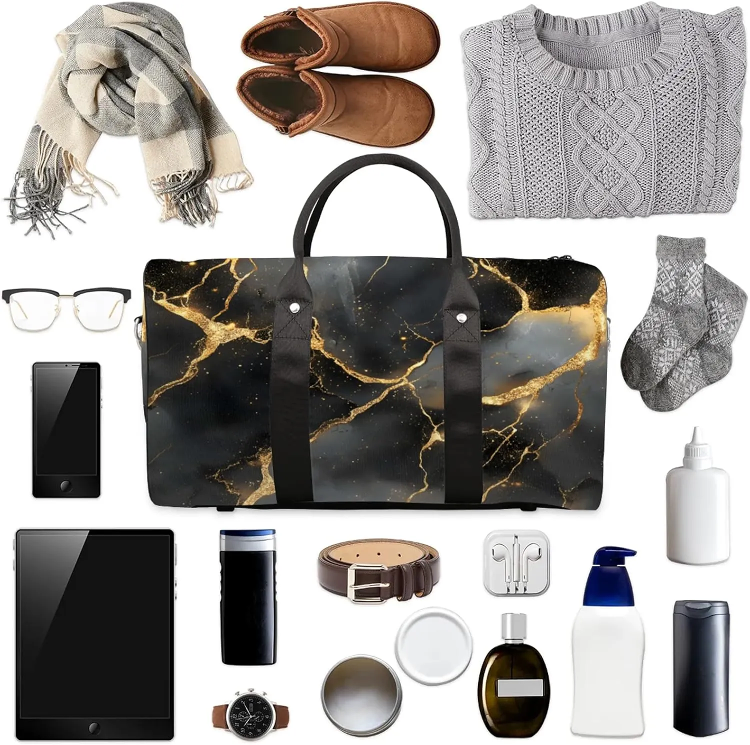 Black Duffle Bag for Travel, Overnight Weekend Gym Carry On Luggage Bag, Marble Travel Duffel Bag for Men Women