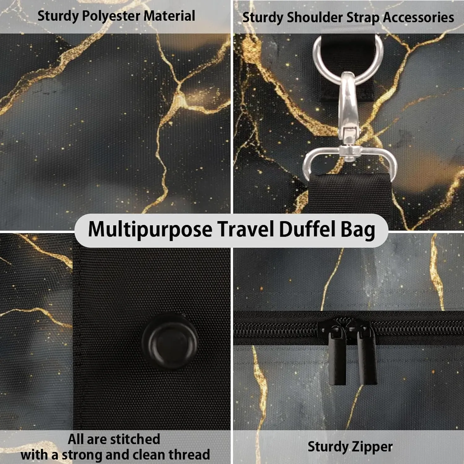 Black Duffle Bag for Travel, Overnight Weekend Gym Carry On Luggage Bag, Marble Travel Duffel Bag for Men Women