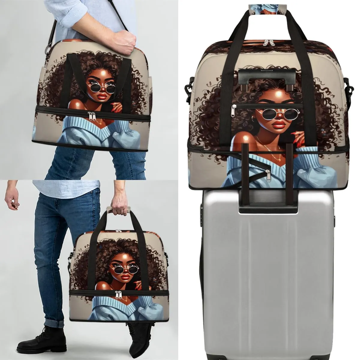 Black Girl Africa Glasses Large Weekender Overnight Bags Travel Duffel Bag for Women Men Gym Bag With Shoe Compartment Foldie Travel Tote Bag Carry On Personal Item Bag for Travel Gym Sports