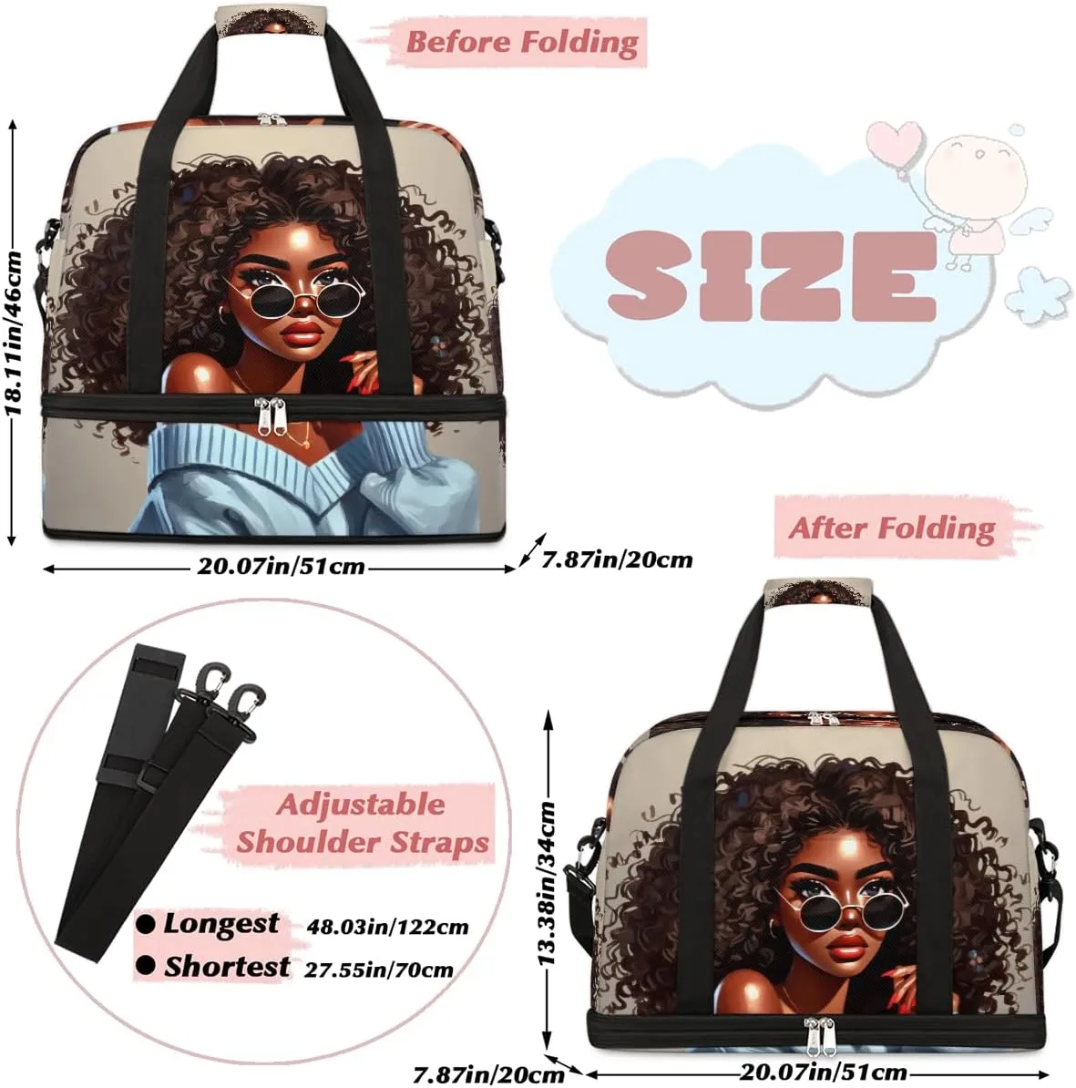 Black Girl Africa Glasses Large Weekender Overnight Bags Travel Duffel Bag for Women Men Gym Bag With Shoe Compartment Foldie Travel Tote Bag Carry On Personal Item Bag for Travel Gym Sports