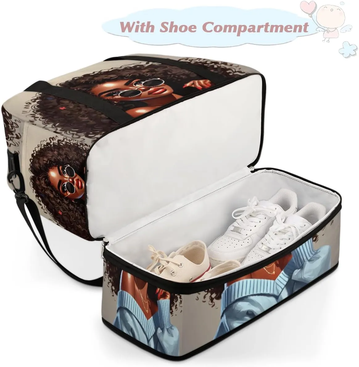 Black Girl Africa Glasses Large Weekender Overnight Bags Travel Duffel Bag for Women Men Gym Bag With Shoe Compartment Foldie Travel Tote Bag Carry On Personal Item Bag for Travel Gym Sports