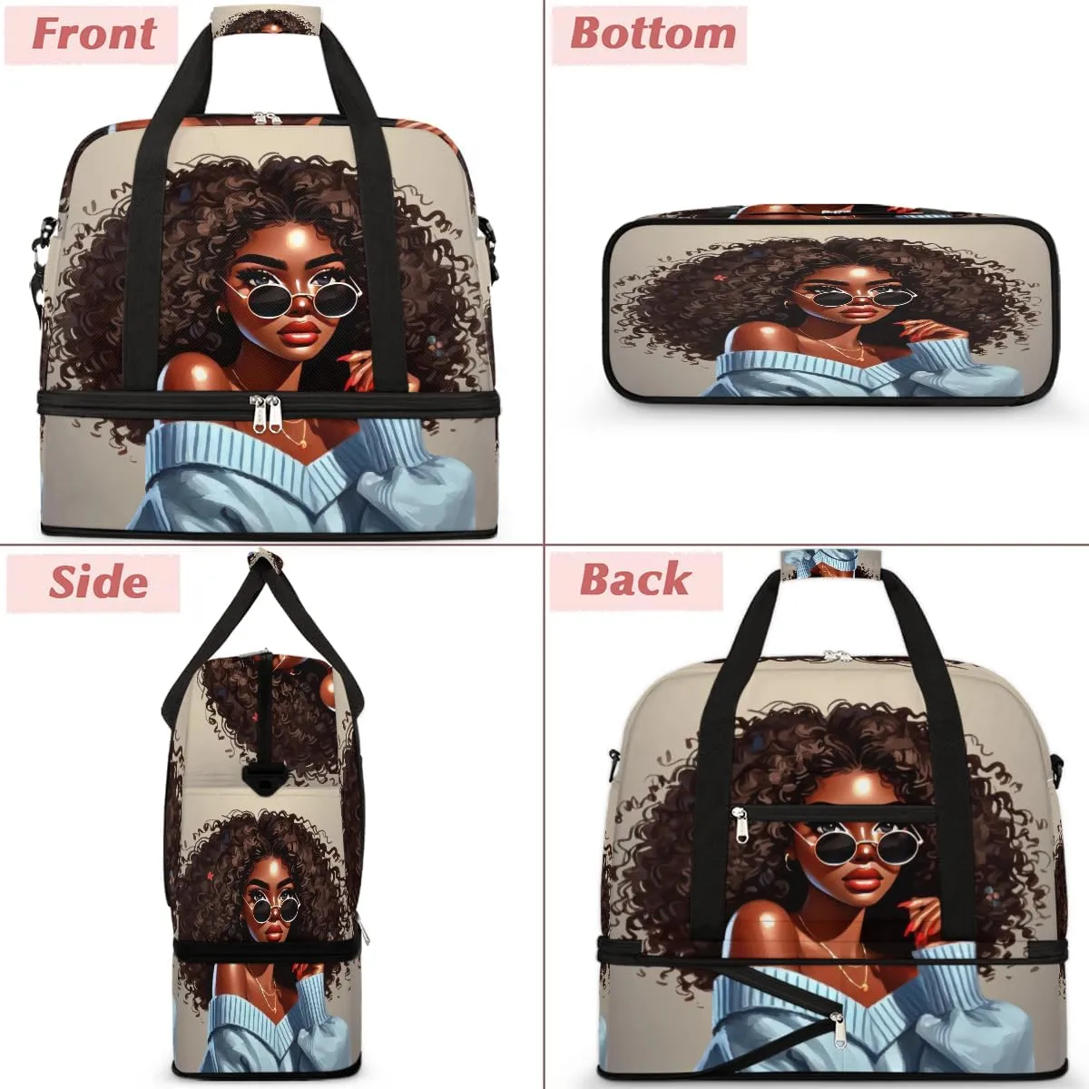 Black Girl Africa Glasses Large Weekender Overnight Bags Travel Duffel Bag for Women Men Gym Bag With Shoe Compartment Foldie Travel Tote Bag Carry On Personal Item Bag for Travel Gym Sports