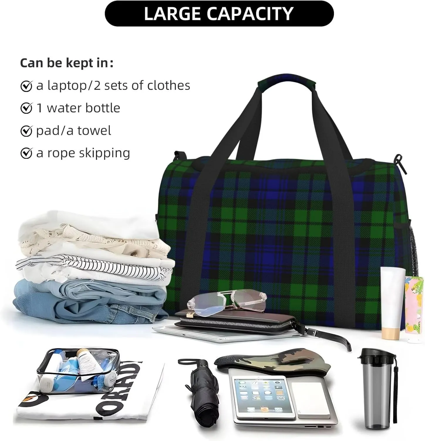 Black Tartan Travel Duffel Bag Large Foldable Waterproof Overnight Bag For Beach Swim Bags Pool Sports Gym