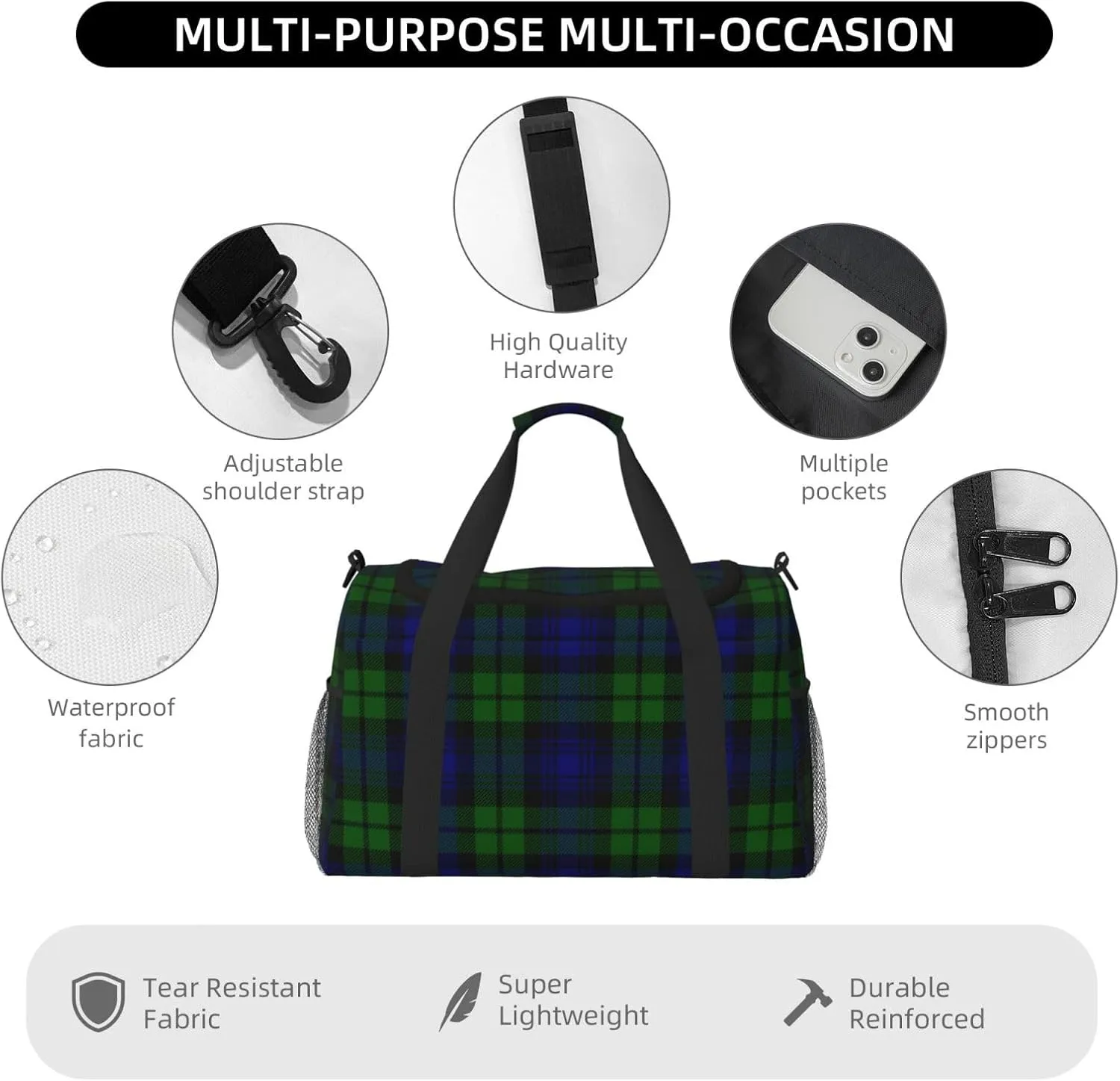 Black Tartan Travel Duffel Bag Large Foldable Waterproof Overnight Bag For Beach Swim Bags Pool Sports Gym