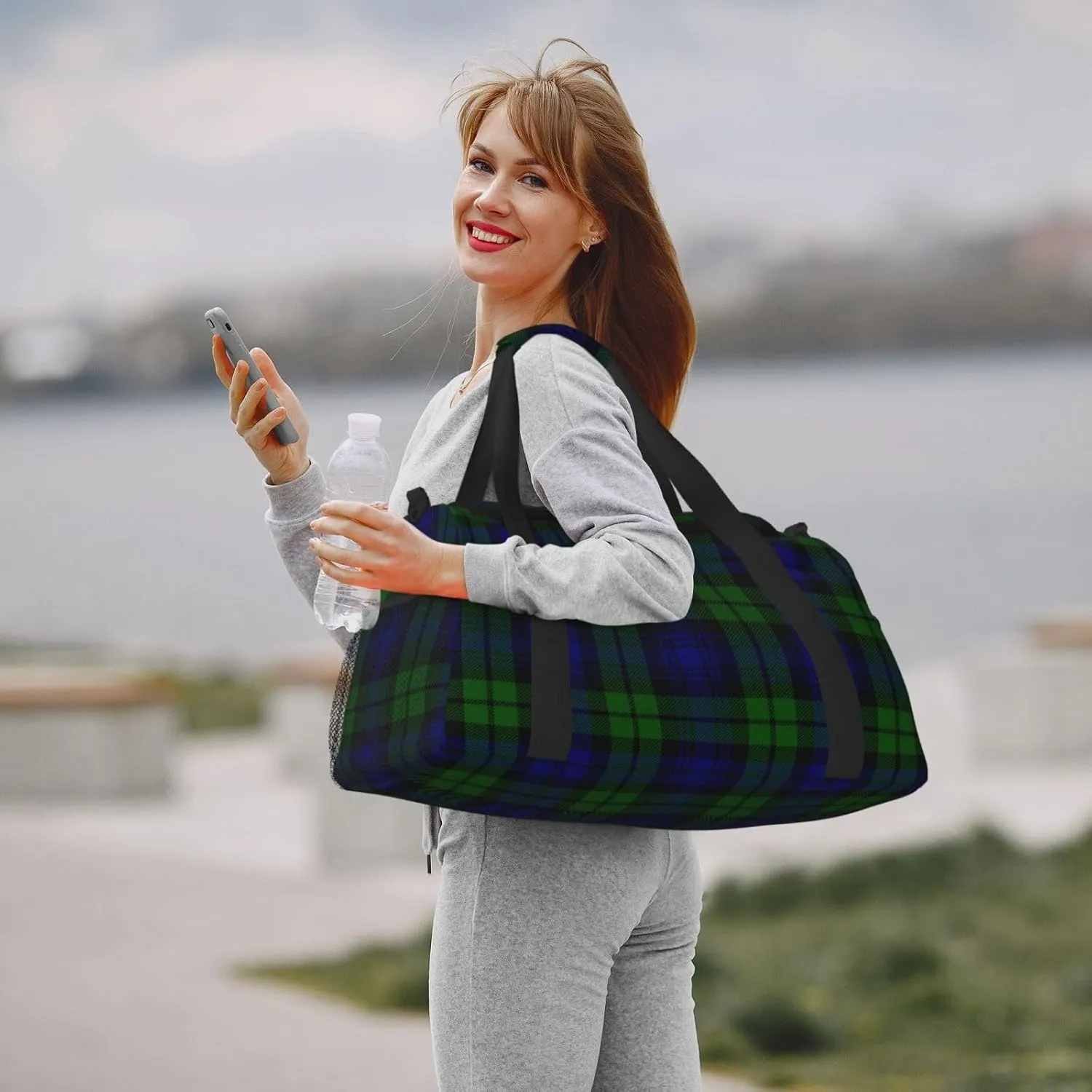 Black Tartan Travel Duffel Bag Large Foldable Waterproof Overnight Bag For Beach Swim Bags Pool Sports Gym