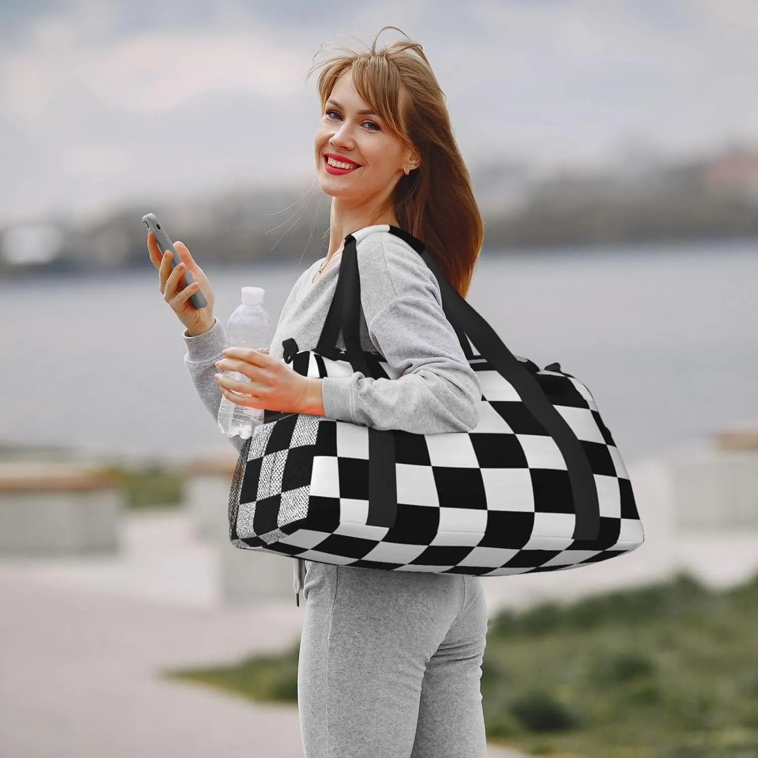 Black White Checkered Duffle Bag Foldable Travel Tote Bag Carry On Large Weekender Overnight Bags Waterproof Gym Bag For Women Men